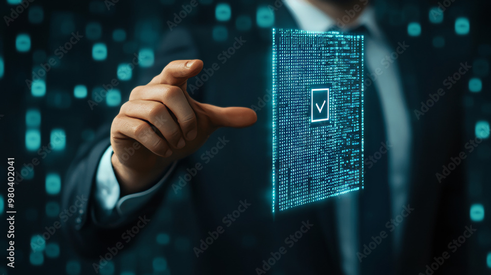 Poster businessman pressing a document icon over a computer binary code.