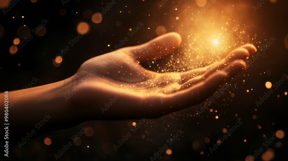 Poster a hand with fingers slightly spread is illuminated by a radiant magical glow and swirling dust parti