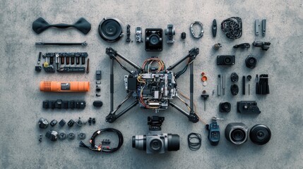 All parts of a drone are laid out neatly on a textured concrete surface, showcasing each component's intricate design and arrangement