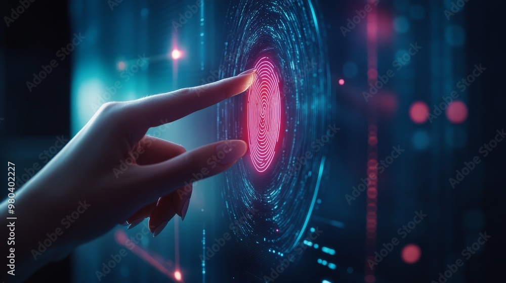 Poster a finger is positioned above an illuminated fingerprint icon on a high-tech interactive display. the