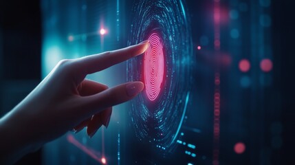 A finger is positioned above an illuminated fingerprint icon on a high-tech interactive display. The setting radiates a modern and digital atmosphere