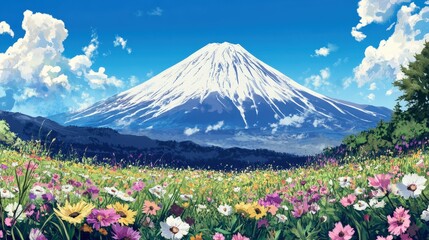 Create a detailed scene of Mount Fuji with wildflowers in the foreground.