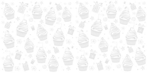 Seamless pattern with cupcakes.  Good for textile fabric design, wrapping paper, website wallpapers, textile, wallpaper and apparel. Horizontal posters, greeting cards, header, website.  Vector