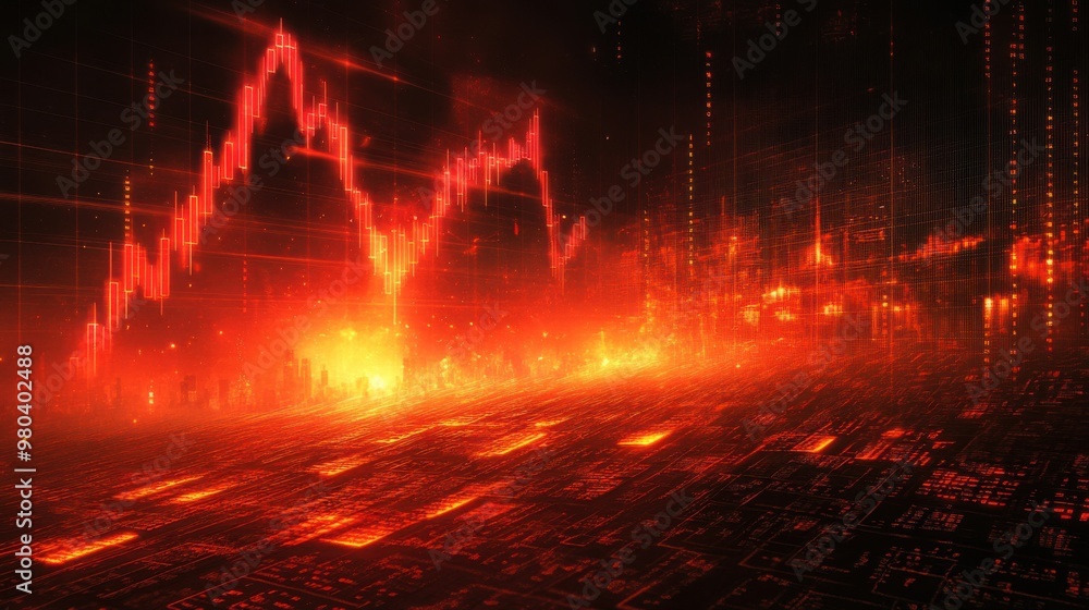 Poster a graphic image of a stock with a red graph line on a black background conveys the financial market 