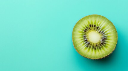 A single slice of kiwi sits prominently against a vibrant pastel background, highlighting its fresh green color and unique seed pattern, inviting a sense of freshness