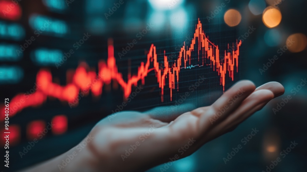 Poster close-up of hand touching stock chart line with red graph line on computer screen showing financial 