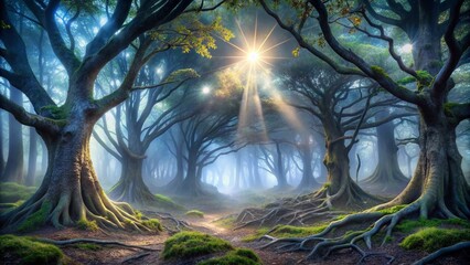 Silvery moonbeams pierce through twisted tree limbs, casting an eerie glow on mist-shrouded forest floor, surrounded by ancient trunks and mysterious shadows.