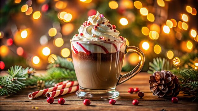 Richly decorated peppermint mocha fills a tempting glass surrounded by dark, blurred bokeh lights, evoking cozy winter mornings and festive autumn celebrations.