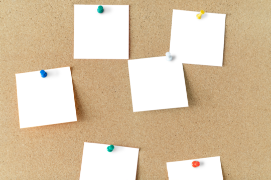 Paper png mockup, note pinned on corkboard