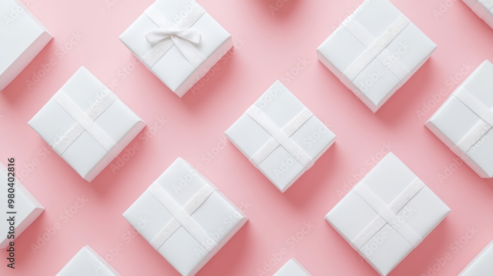 Poster multiple white gift boxes of different sizes are meticulously arranged to create a visually appealin