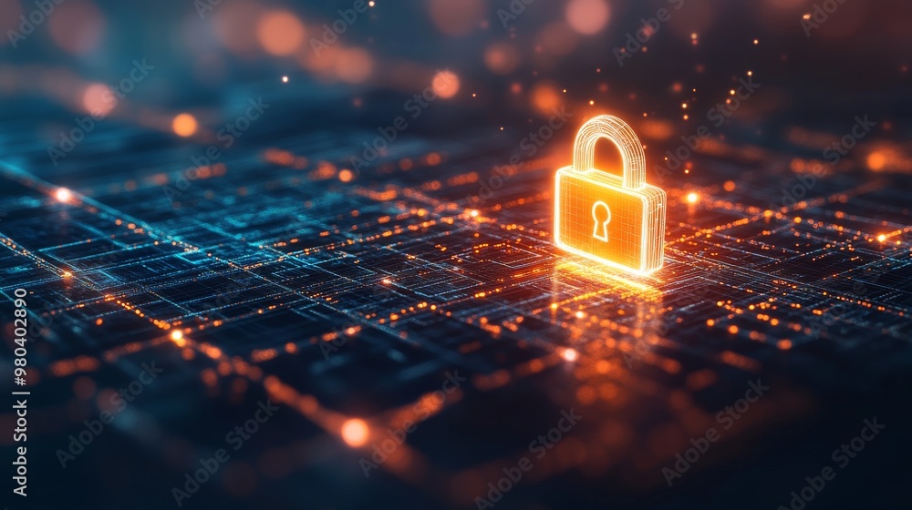 Poster a digital representation of cyber security features a glowing padlock icon hovering above a complex 