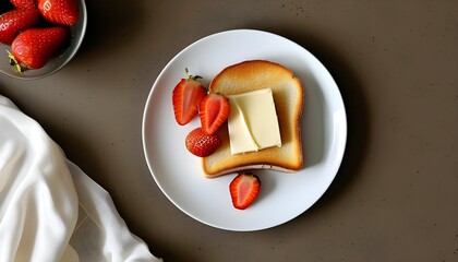 Minimalist breakfast featuring buttered toast topped with fresh strawberry on a sleek white plate