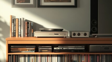 A cozy living room scene showcasing a stylish record player, books, and framed art, perfect for music lovers and collectors.