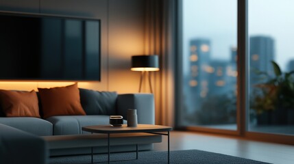 Fototapeta premium A cozy living room with soft lighting and a city view, perfect for relaxation and modern comfort during the evening.