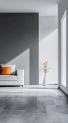 Modern minimalist living room design featuring a cozy couch, decorative vase, and natural light at midday