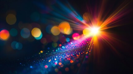 Radiant prism light shines brightly against a solid black backdrop, creating a captivating display of color and iridescence that captures the viewer's attention