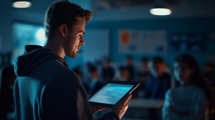 A teacher engages students by showcasing a digital lesson on a tablet, fostering an interactive learning environment in a contemporary classroom