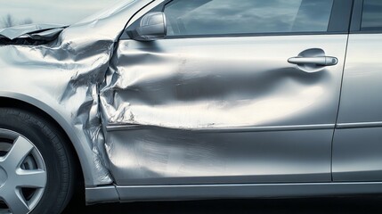 Fototapeta premium A silver car shows significant damage on the side, featuring a dented door and scratches along the panel, taken from a side angle during daylight