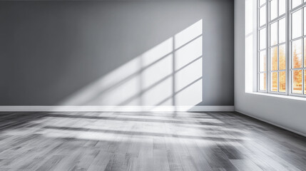 A bright, empty room with wooden flooring and soft shadows from large windows on a sunny day in autumn