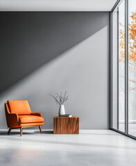 Modern living room with an orange chair and minimalist decor, featuring large windows and autumn foliage outside