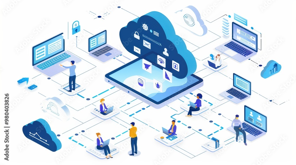Poster digital graphic of cloud data security, highlighting protection layers such as digital locks and shi