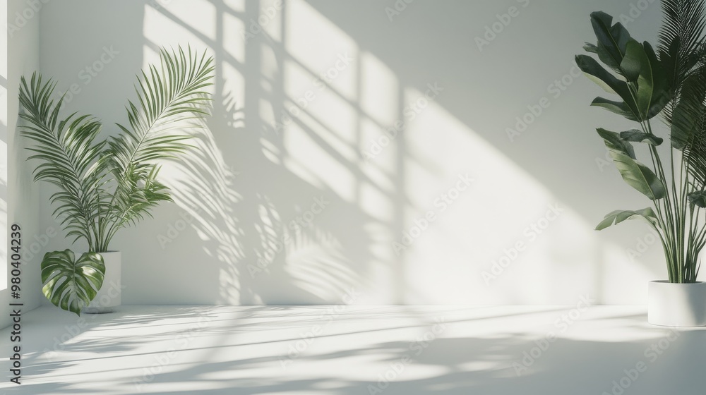 Poster an empty white studio space features lush plants casting soft shadows of palm leaves and flowers, cr