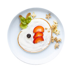 Png kids pancake breakfast treat, with natural yogurt and strawberry
