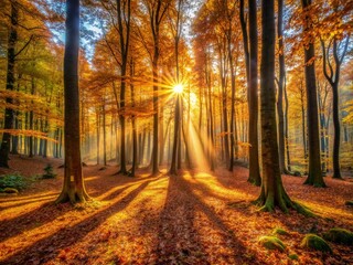 Obraz premium Vibrant autumn forest bathed in warm golden light, sun's rays filtering through trees, casting mystical shadows on the rustic forest floor, evoking a sense of wonder.