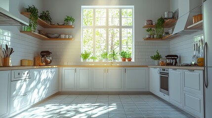 Modern White Kitchen Interior Design With Large Window and Sunlight