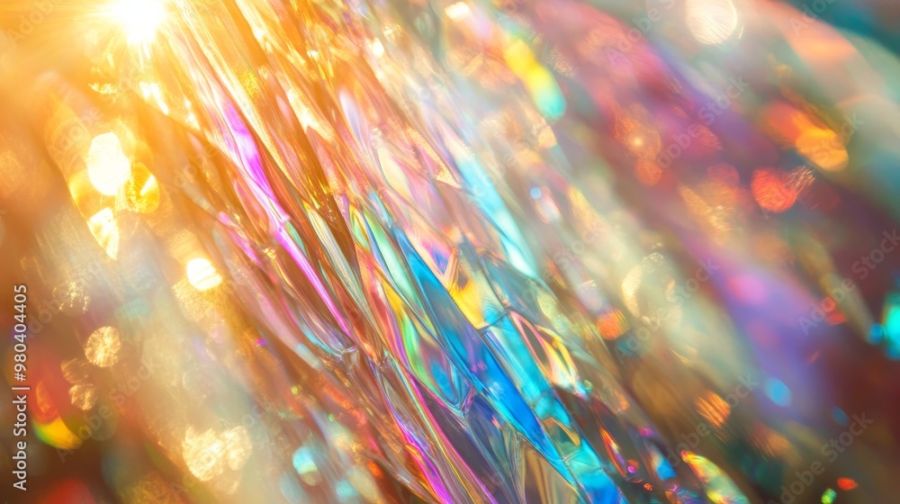 Poster sunlight streams through iridescent glass, casting stunning color reflections and creating a visuall