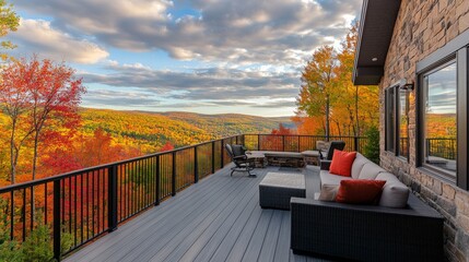 A cozy patio deck attached to a vacation home provides a comfortable spot to appreciate the breathtaking autumn colors of the surrounding hills and trees