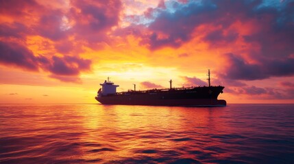 Fototapeta premium A cargo ship sails smoothly across calm waters, silhouetted against a breathtaking sunset that paints the sky with vibrant hues of orange and purple