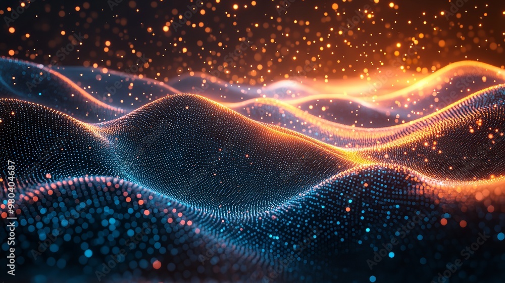 Poster an abstract digital wave pattern with glowing dots and dynamic light, soft tones, fine details, high