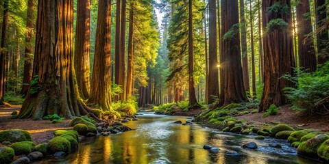 Lush redwood forest with towering trees and a tranquil stream in the California Santa Cruz Mountains