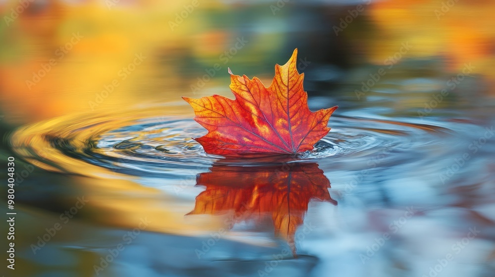 Poster create a dreamy scene of a maple leaf drifting gently down a tranquil river.