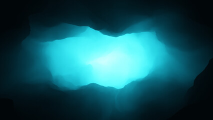 Mystical subterranean misty turquoise colored misty light illustration background.