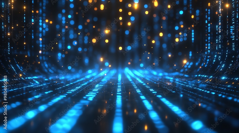 Poster abstract blue and gold light trails create a shimmering, dynamic pattern.