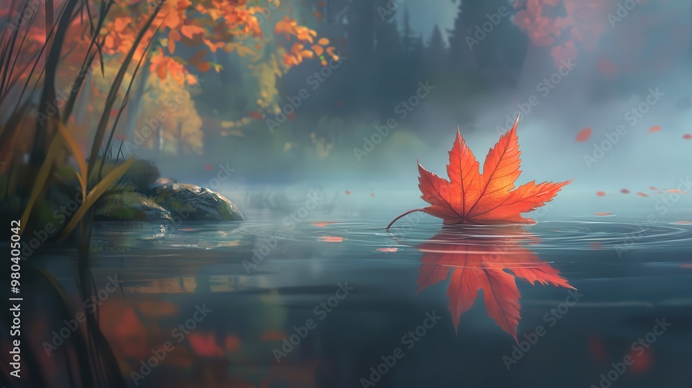 Poster create a dreamy scene of a maple leaf drifting gently down a tranquil river.