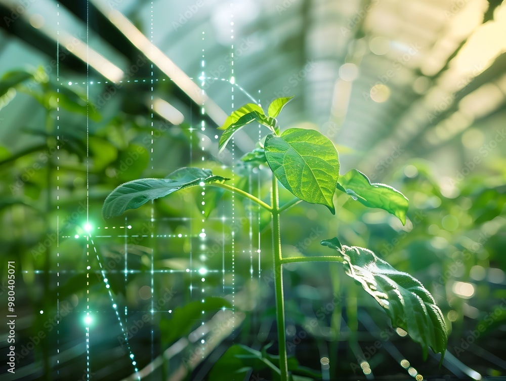 Poster ai driven genetic engineering in a vibrant greenhouse setting advanced growth monitoring and optimiz