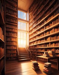 Abstract library scene with shelves full of books and warm light