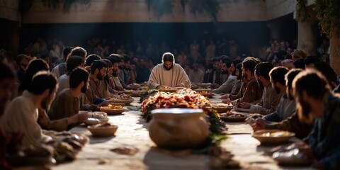 A wide-angle view of the wedding in Cana, capturing the entire celebration as Jesus performs the miracle of turning water into wine
