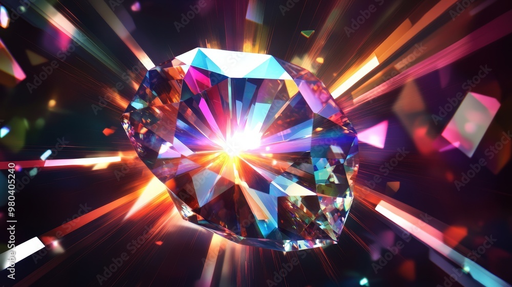 Poster create a dynamic, abstract design of a gem with radiant beams of light extending outward