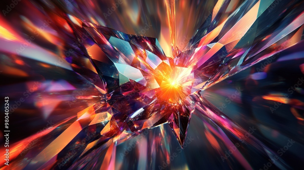 Poster create a dynamic, abstract design of a gem with radiant beams of light extending outward