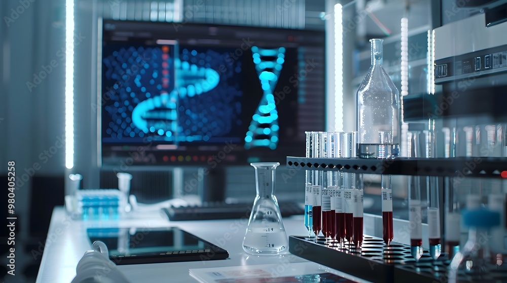 Poster cutting edge genetic mutation detection and dna analysis in a sleek futuristic laboratory setting