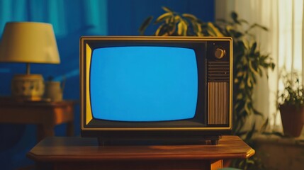 Vintage Television with Blue Screen in a Living Room
