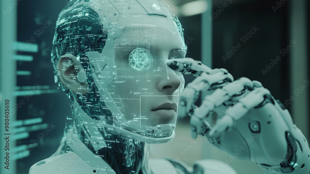 Poster a cybernetic robot works with a virtual hud interface in augmented reality. the humanoid robot, feat