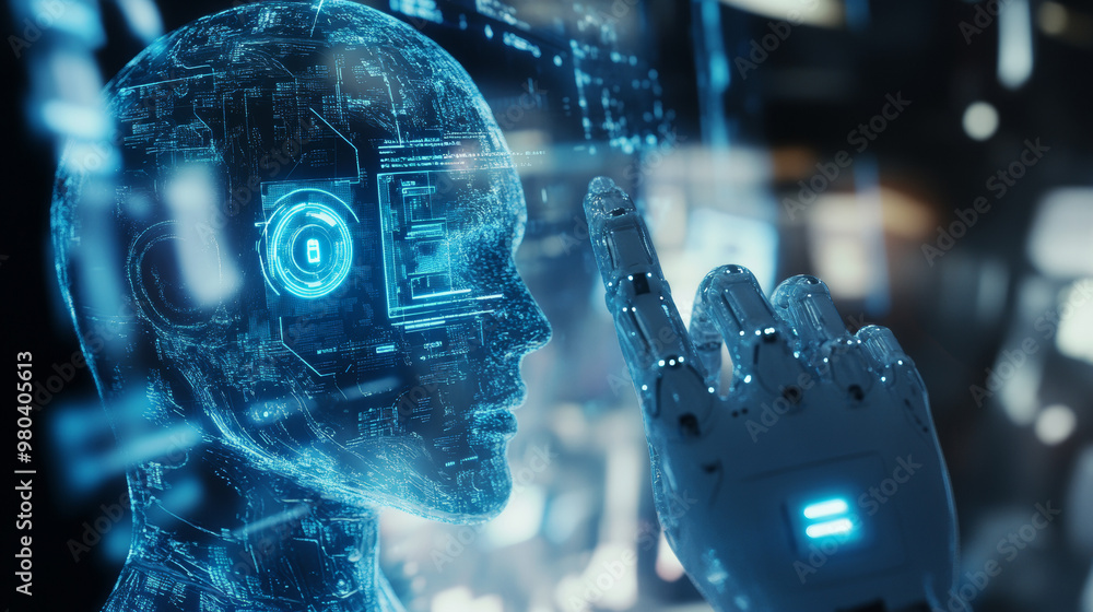 Poster a cybernetic robot works with a virtual hud interface in augmented reality. the humanoid robot, feat