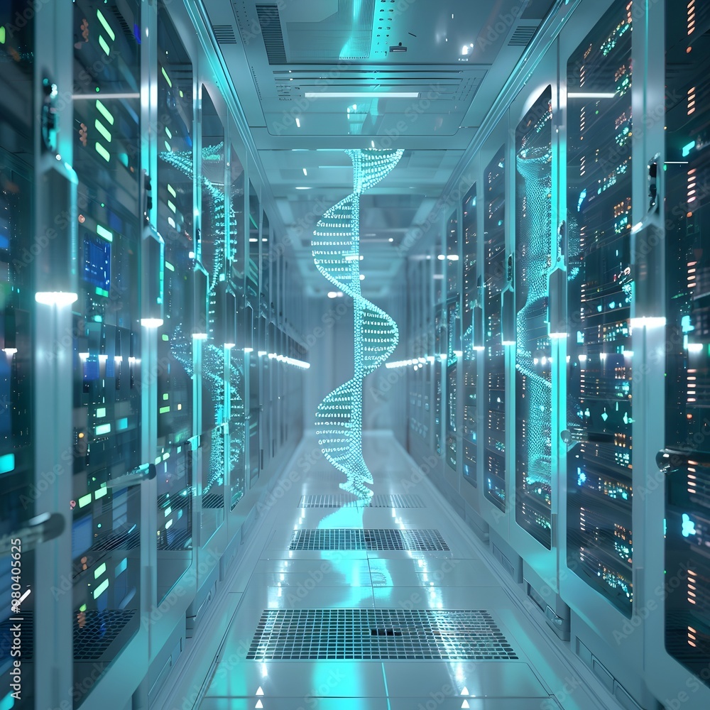 Poster ai enhanced genetic data storage and high tech server room concept with futuristic illumination