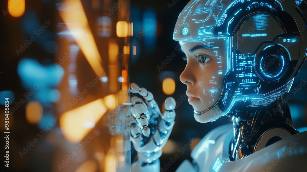Poster a cybernetic robot works with a virtual hud interface in augmented reality. the humanoid robot, feat