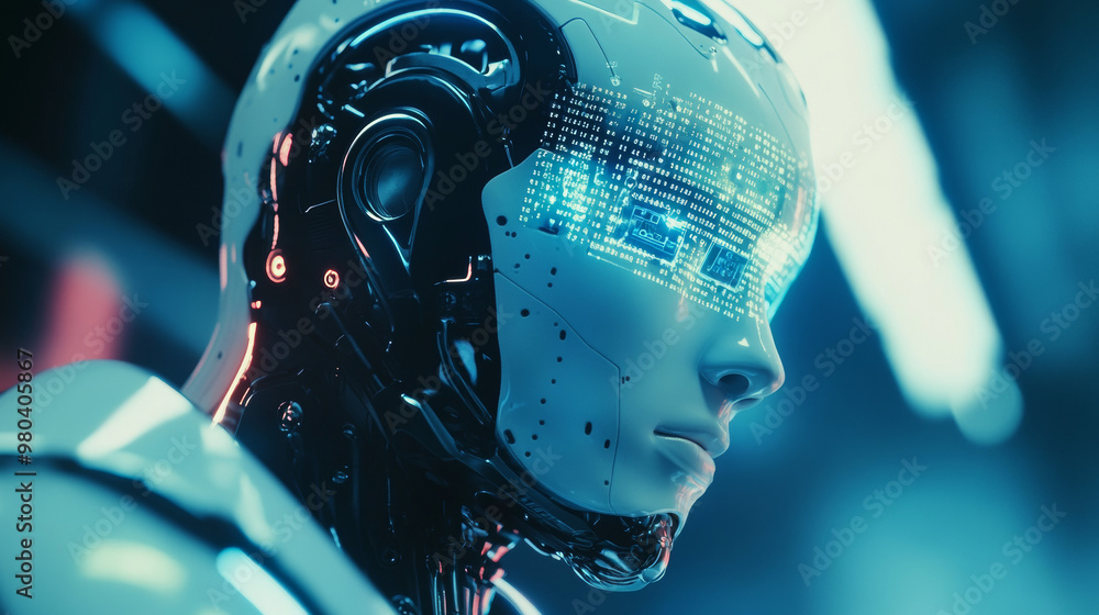 Poster a cybernetic robot works with a virtual hud interface in augmented reality. the humanoid robot, feat